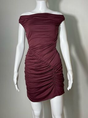 FP BEACH Women’s Off-Shoulder Ruched Bodycon Dress - Deep Wine Size L